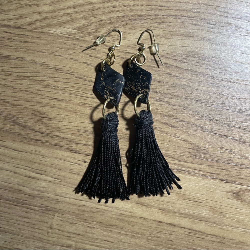 Handmade Elegant Black and Gold Tassel Earrings